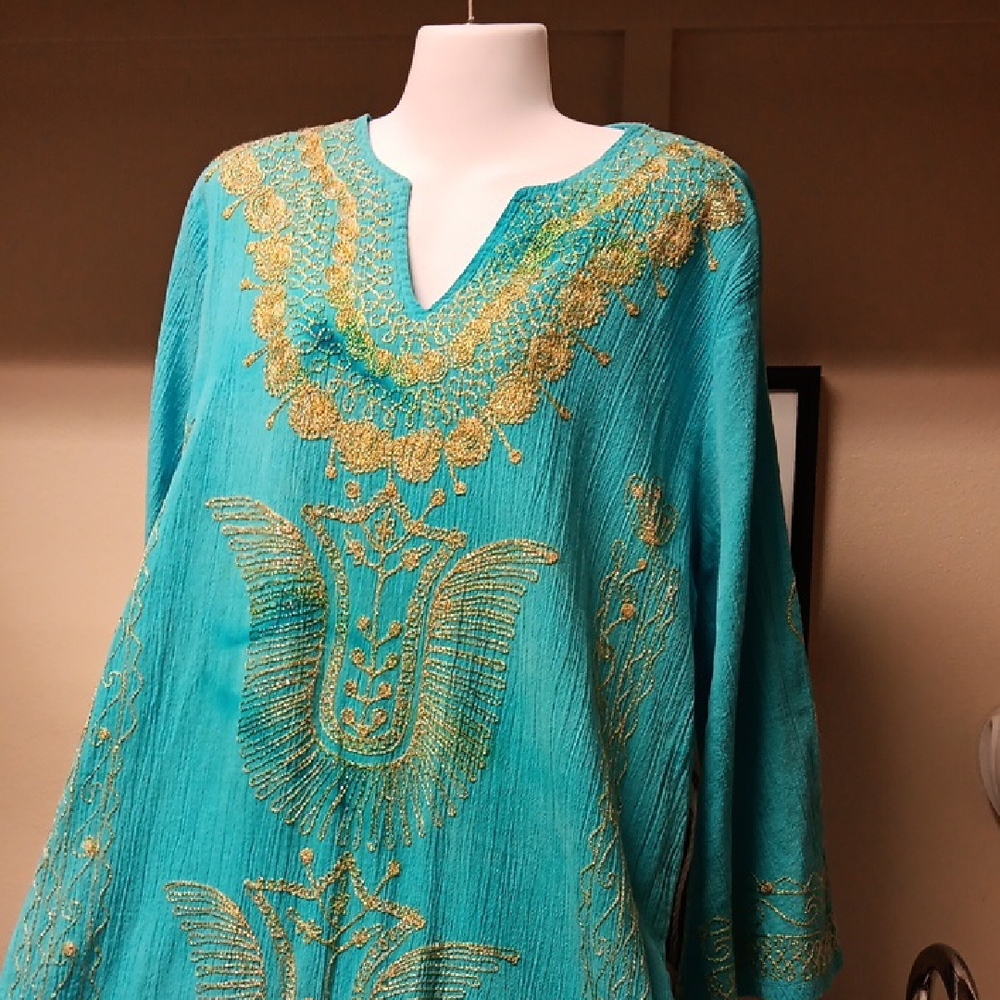 Embroidered Teal and Gold Kaftan